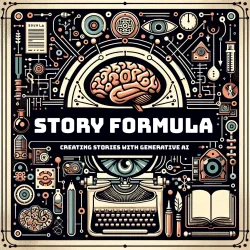 Story Formula podcast cover art with a brain, a typewriter, and other tech-y/story-y things.